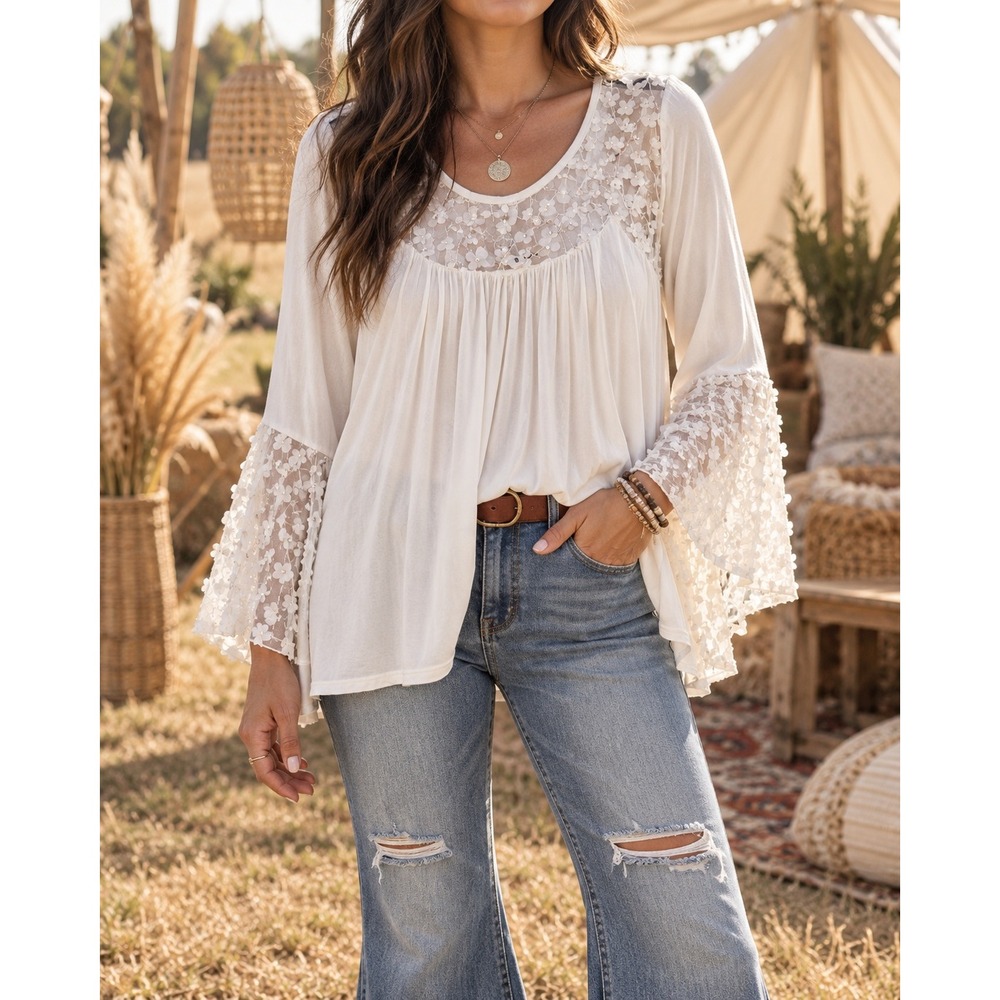 POL Women's L White 3D Floral Lace Bell Sleeve Boho Tunic Top Fairycore Whimsy